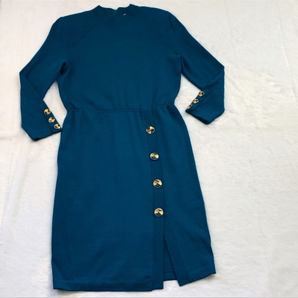 Like New Turquoise St John Knit Dress With Gold Buttons